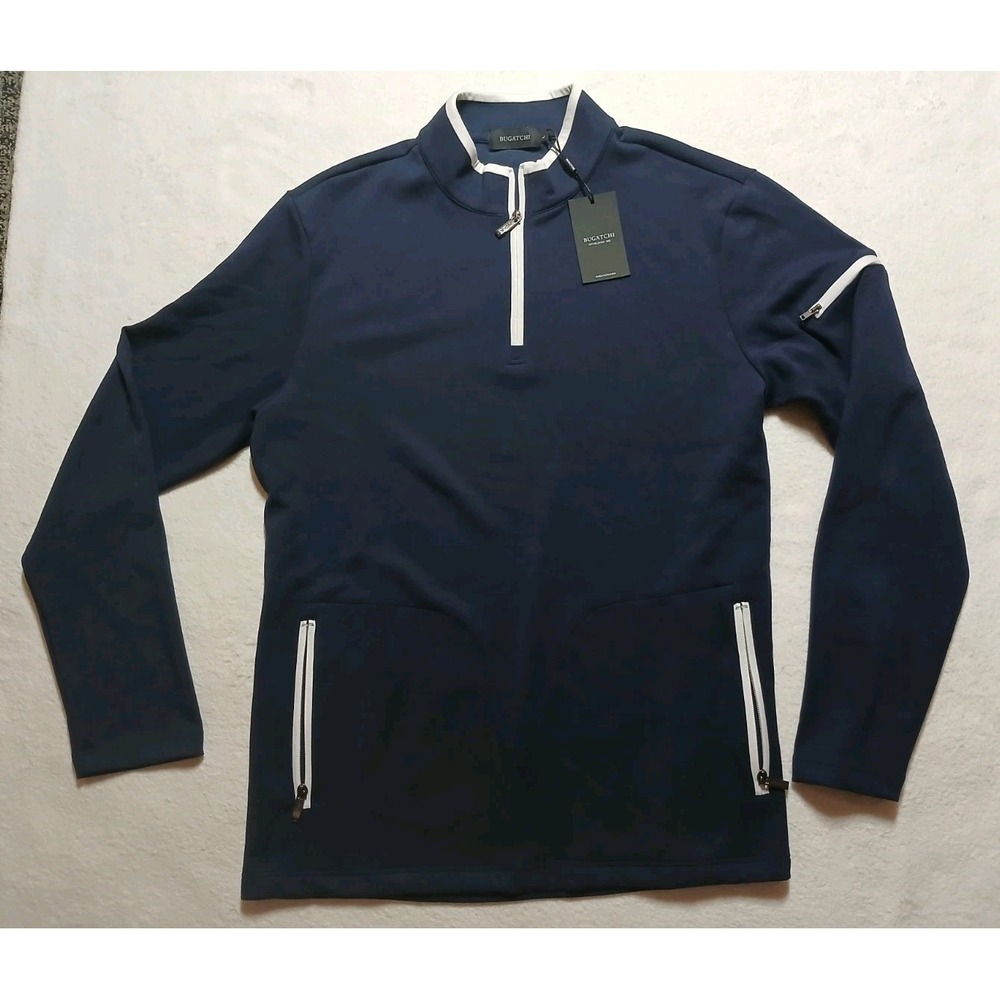 BUGATCHI Men Large NWT Performance Quarter Zip Pullover Navy Blue Tech Knit $179